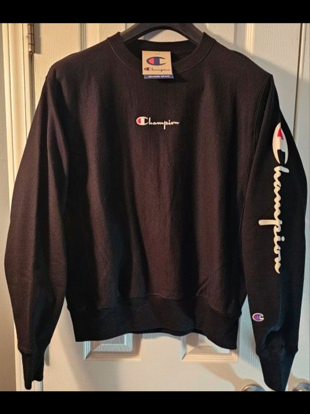 Champion Reverse Weave Black Crewneck Sweatshirt with Sleeve Script Logo